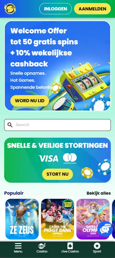 Samba Slots-homepage weergegeven in een mobiele browser