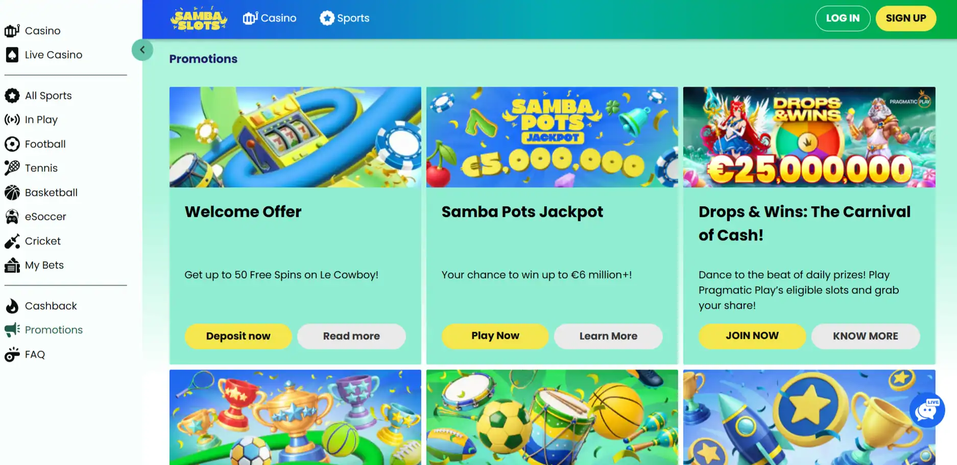 Actuele bonussectie van de officiële Samba Slots website
