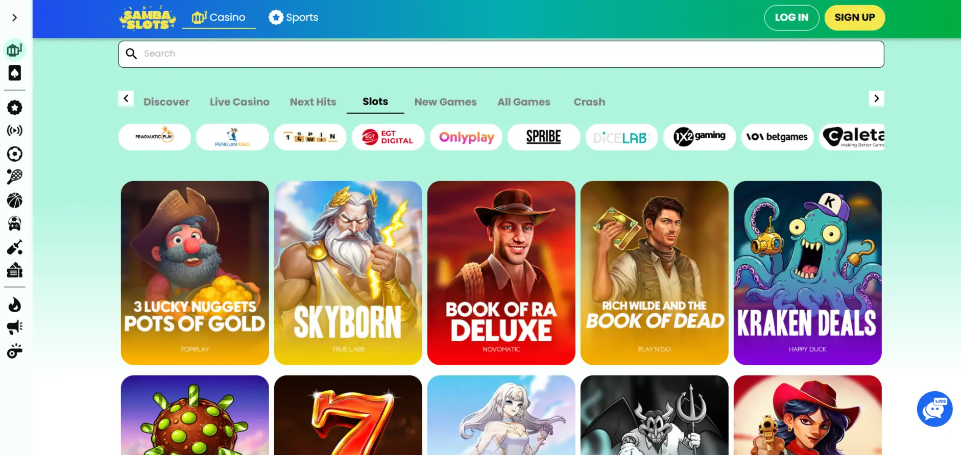Actuele Samba Slots spellobby met categorieën en providers