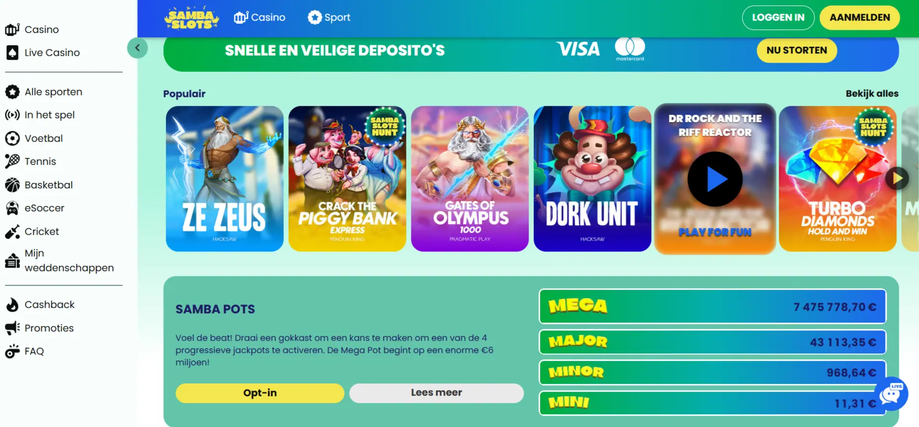 Actuele Samba Slots-homepage als herkenningsbeeld
